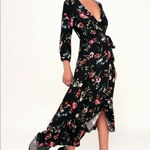 Lulus Immera Black Floral Print High-Low Wrap Dress